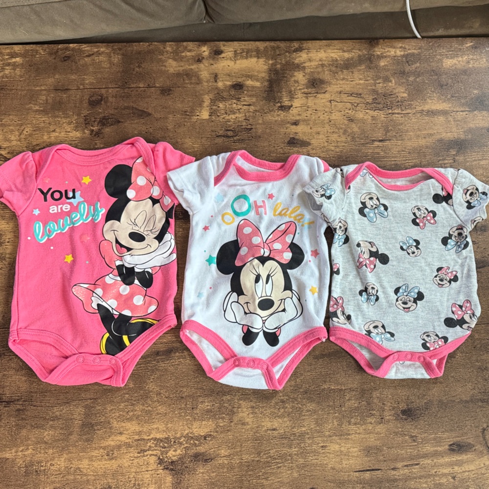 Disney Minnie Mouse Pink and Gray Baby Bodysuits 3 pack 🩷🩶